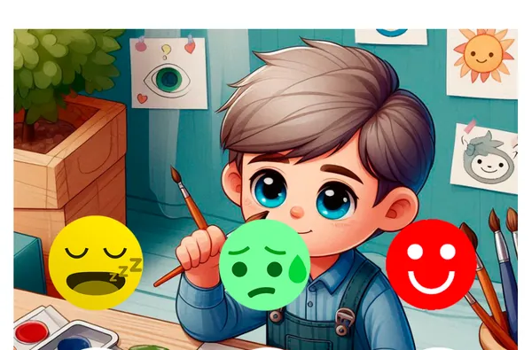 Página do Arco-Íris das Emoções: um menino pintando, com os rostos feliz, triste e com sono pra pintar
